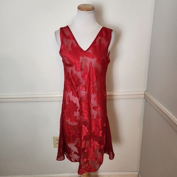Vtg 90s Y2K Erika Taylor Slip Dress Chemise Size Small Sheer Red Fairy Floral - Picture 1 of 11